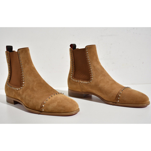 Christian Louboutin Mens Chelsea Cloo Flat Cinnamon Brown Suede Spike Boot 42 9 - Picture 4 of 12